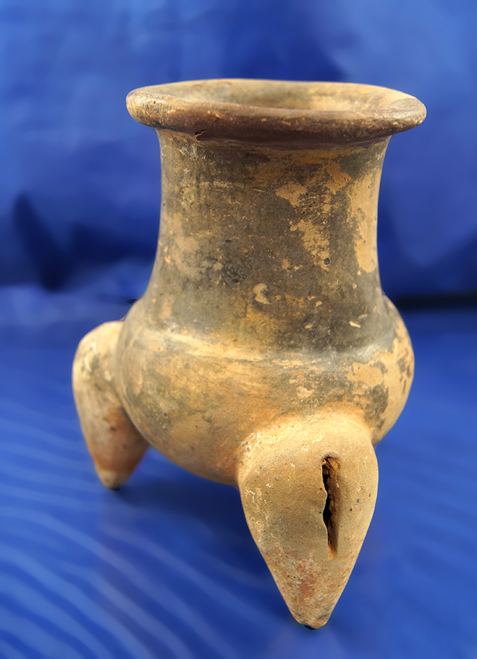 5" Mayan Tri-pod Vase "Chocolate Pot"; intact with rim repair.