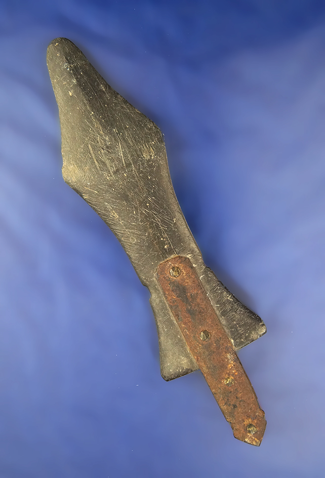 Very Unique Old World Stone Spear Head with an iron haft. Overall length 7 3/8".