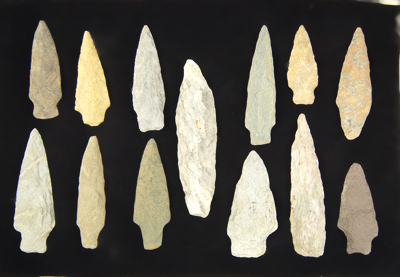 Frame of 13 Assorted Pennsylvania Points. Ex. Harry Von Lunen Hager Estate. Largest is 4 3/8".