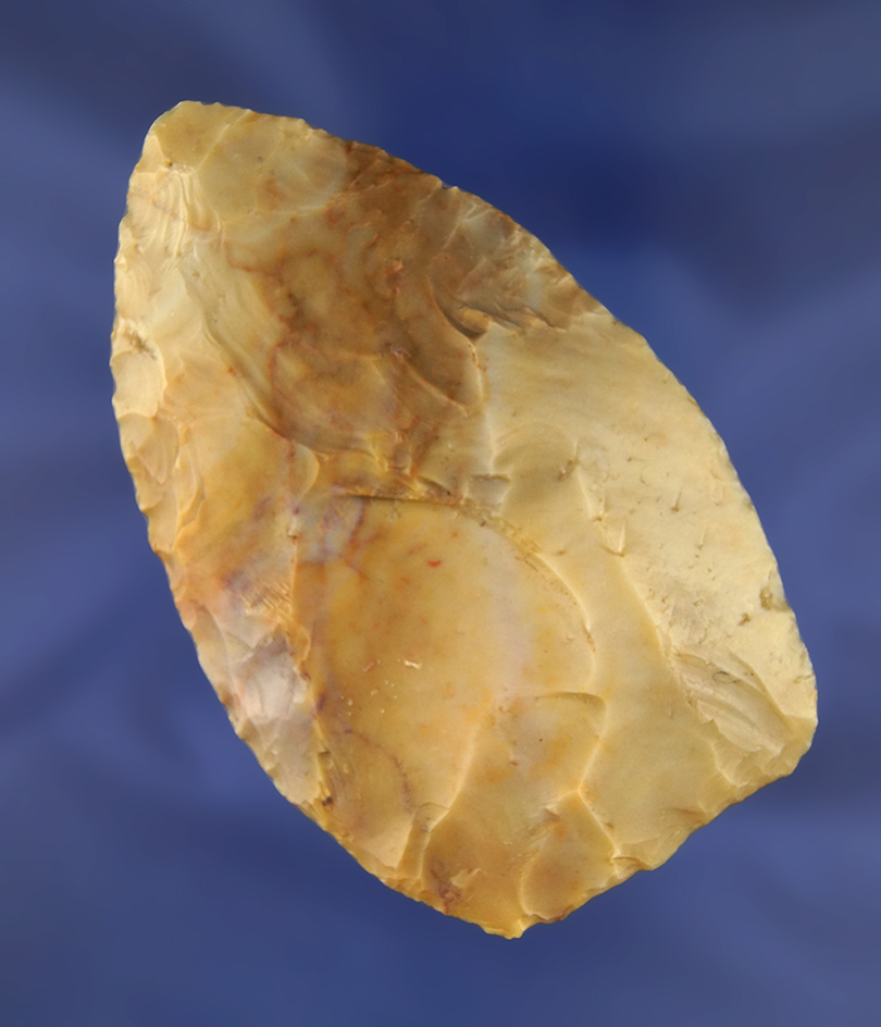 3 3/4" Ovoid Knife made from multi-colored Flint Ridge. Found in Allen Co., Indiana. Ex Hovan.