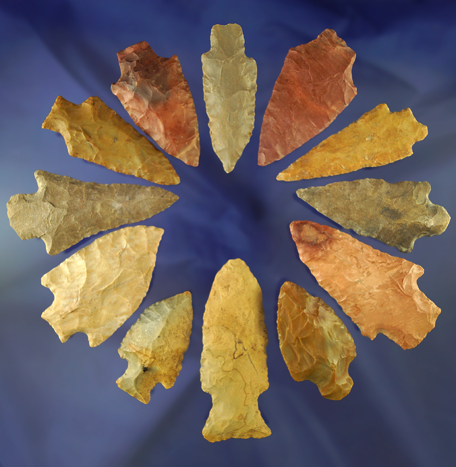 Large group of 12 assorted arrowheads found in Alabama, largest is 3 1/16".
