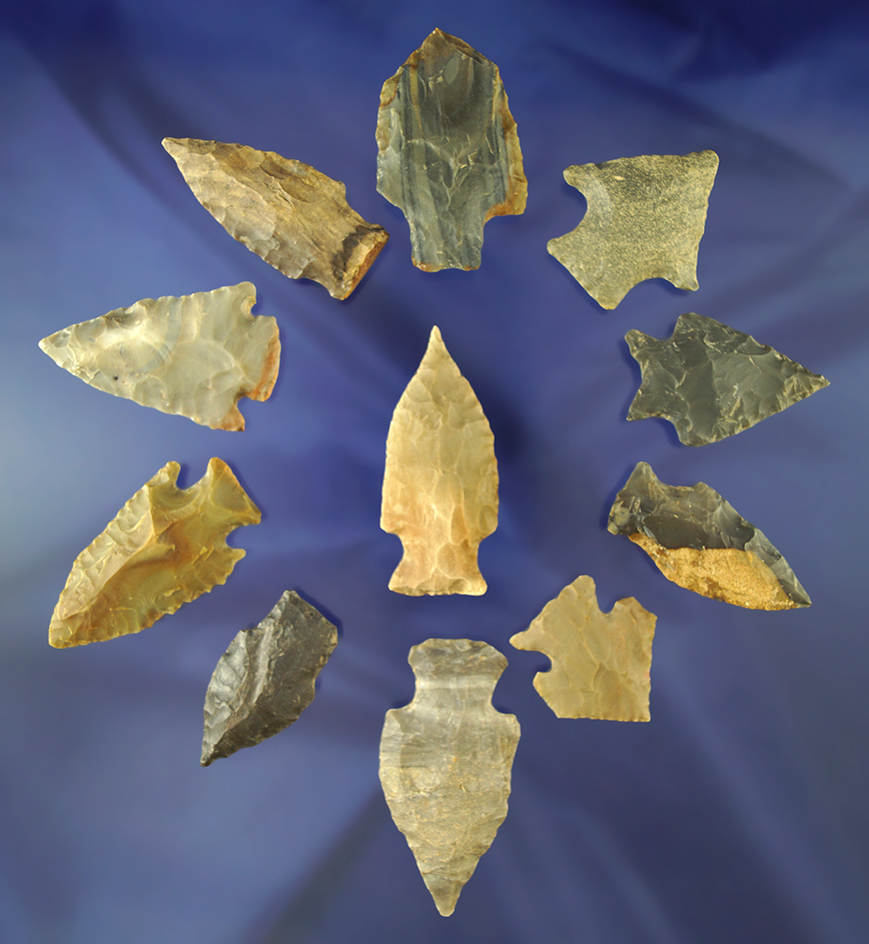 Group of 11 assorted arrowheads found in Alabama, largest is 2 3/8".