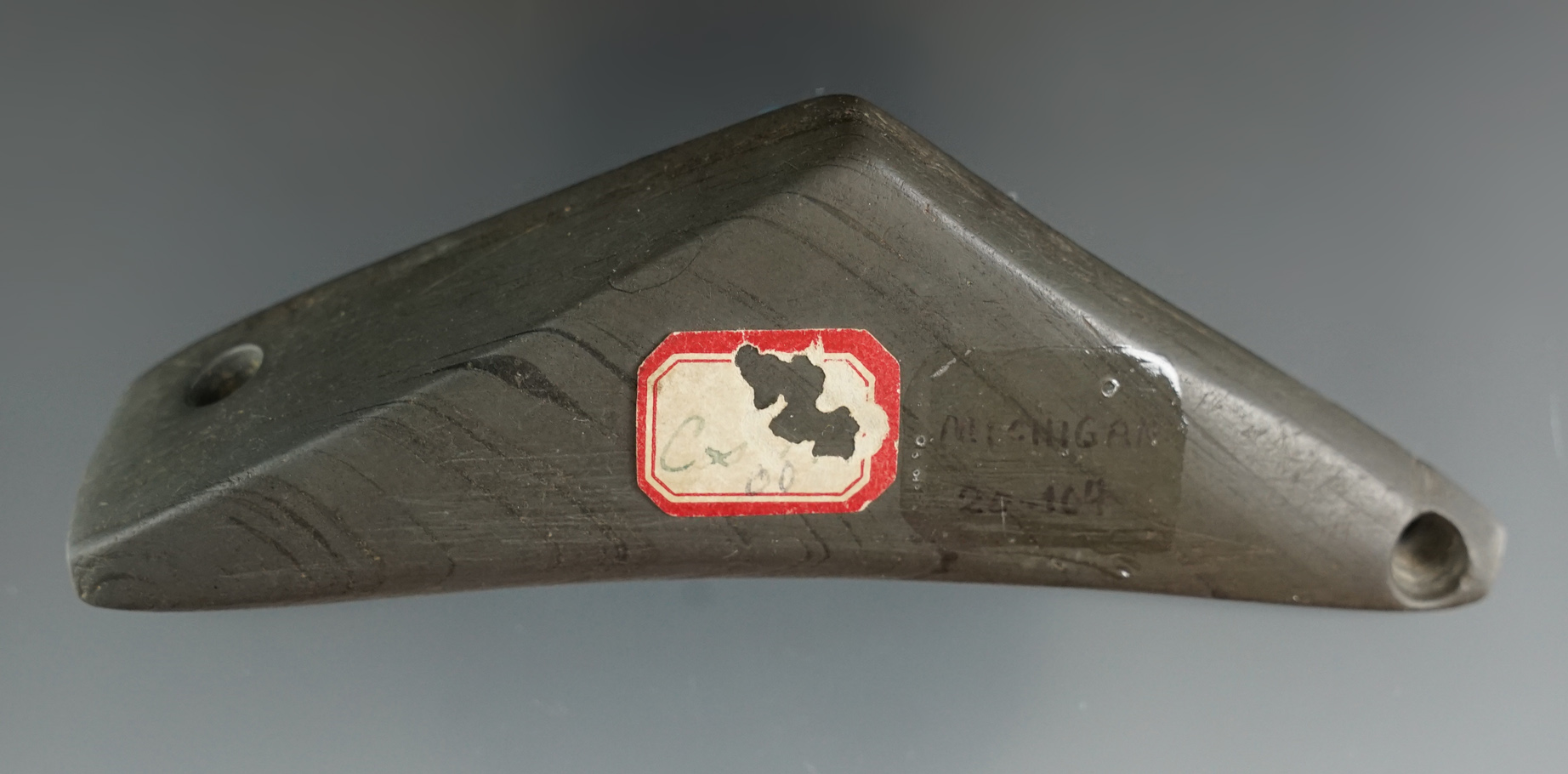 Uniquely styled and drilled 4 5/16" slate weight or pendant found in Michigan by Phil Waigle.