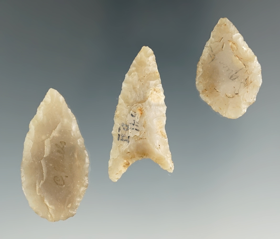 Set of 3 Chalcedony Flaked Artifacts found in Ireland, largest is 1 1/2". Ex. Dick Johnson Collectio