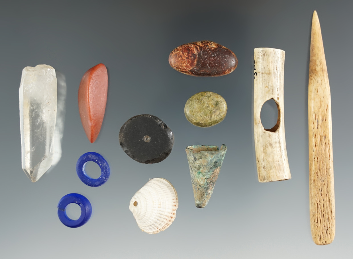 Group of 11 assorted artifacts including a 3 5/16" bone all found near the Dalles, Oregon.