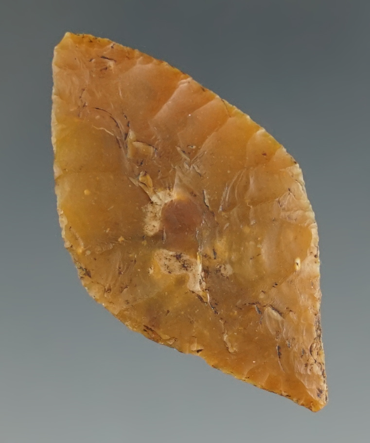 Thin and nice! 1 9/16" Bi-pointed Leaf Point found in Ireland. Ex. Dick Johnson Collection.