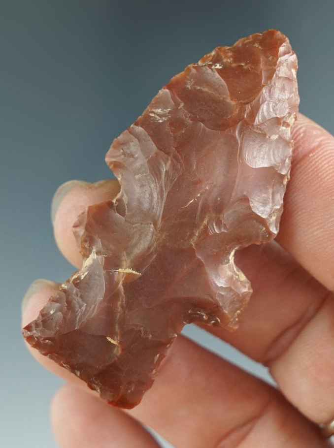 Classic style for type! 2 3/8" Evans double notch made from deep red novaculite found in Arkansas.