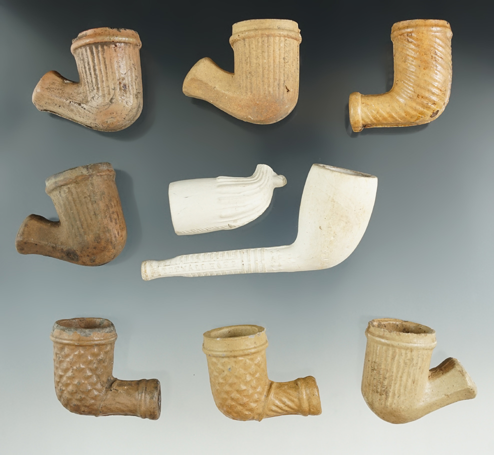 Set of nine clay trade pipes, largest is 3 1/2".