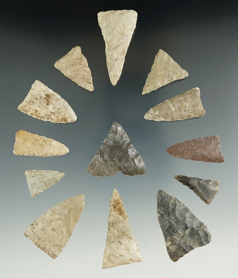 Group of 13 triangular Mississippian arrowheads found in Michigan. Largest is 1 5/8".