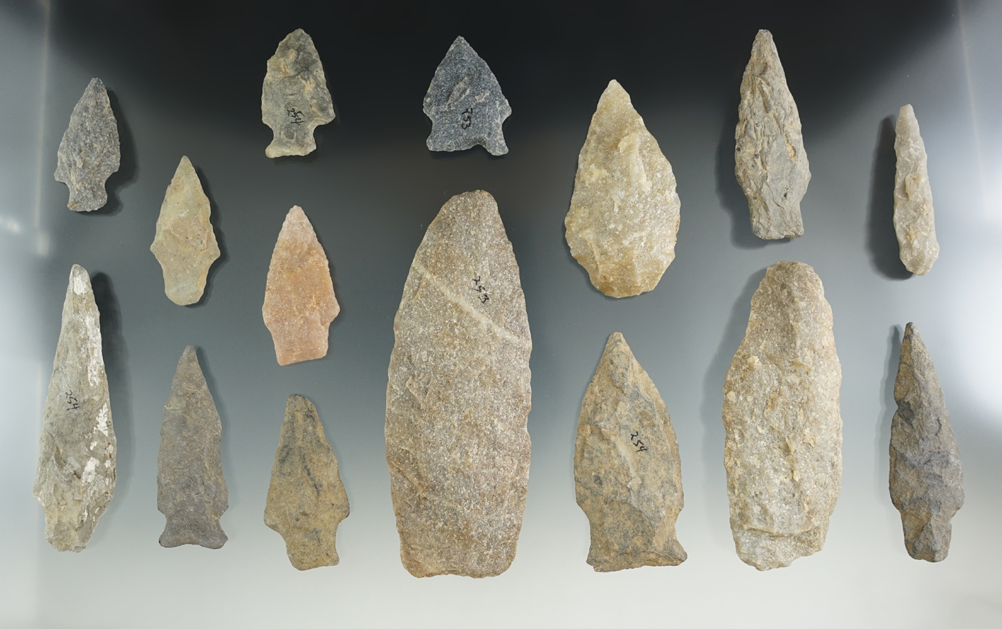 Group of 15 assorted points and knives found in Pennsylvania. Largest is 4 1/16".