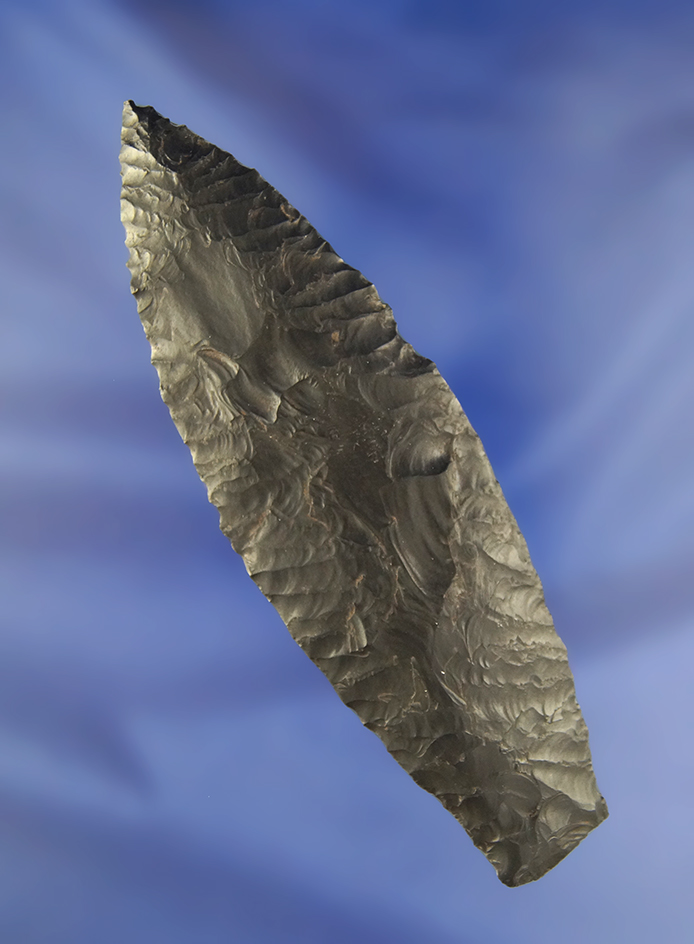 Excellent flaking on this nicely patinated 5 3/8" Early Stemmed Lanceolate found in Burns, Oregon.