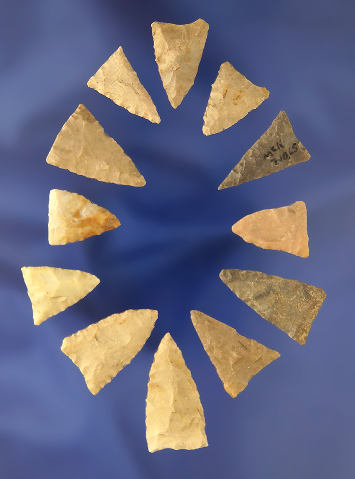 12 nice Madison Triangle Arrowheads found in Greenup Co., Kentucky - Judge James Claxon collection.