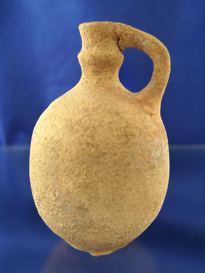 5" ancient handled pottery jar found near the Mediterranean Sea.