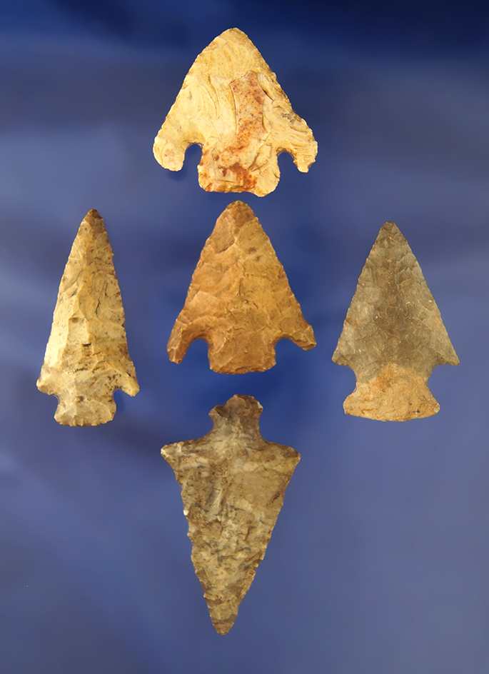 Set of five Arrowheads found in Indiana, largest is 2 1/4".