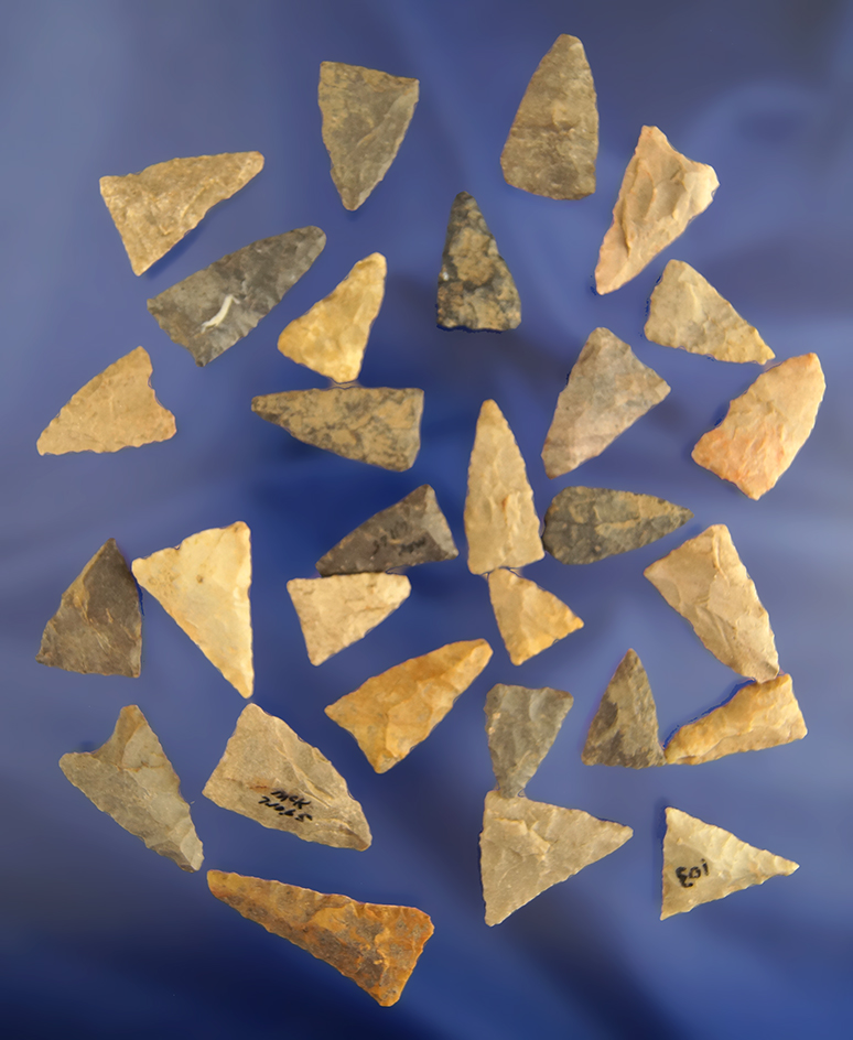 Set of 30 Madison Triangle Arrowheads  found in Greenup Co., Kentucky - Judge James Claxon collectio