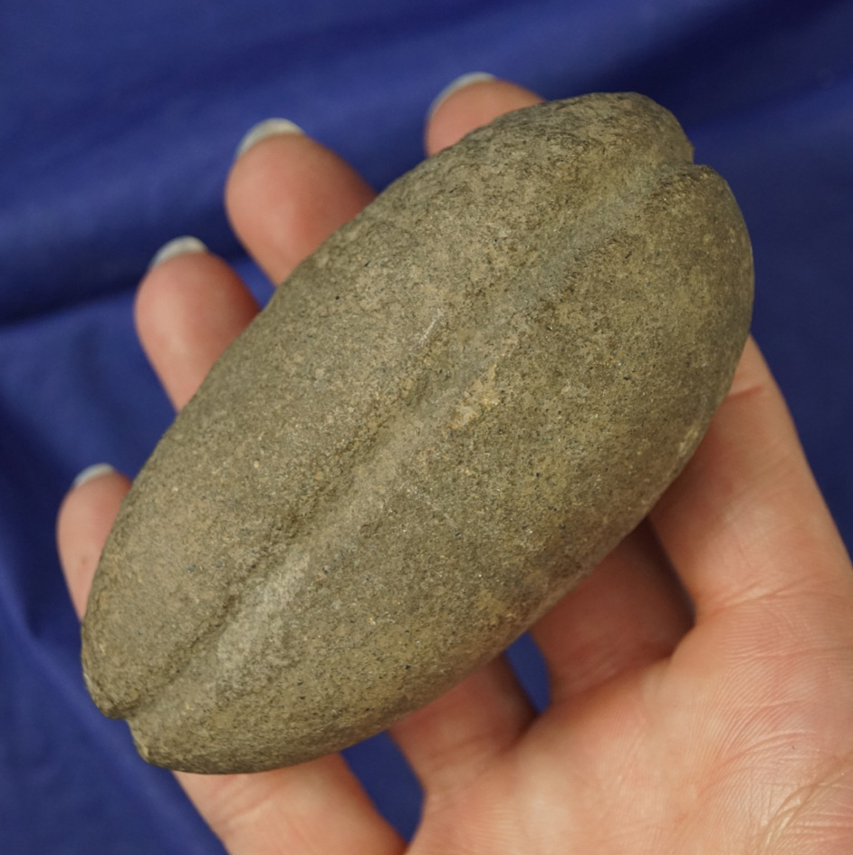 3 9/16" fully grooved Chumash stone weight found in the Paradise Cove area of Southern CA.