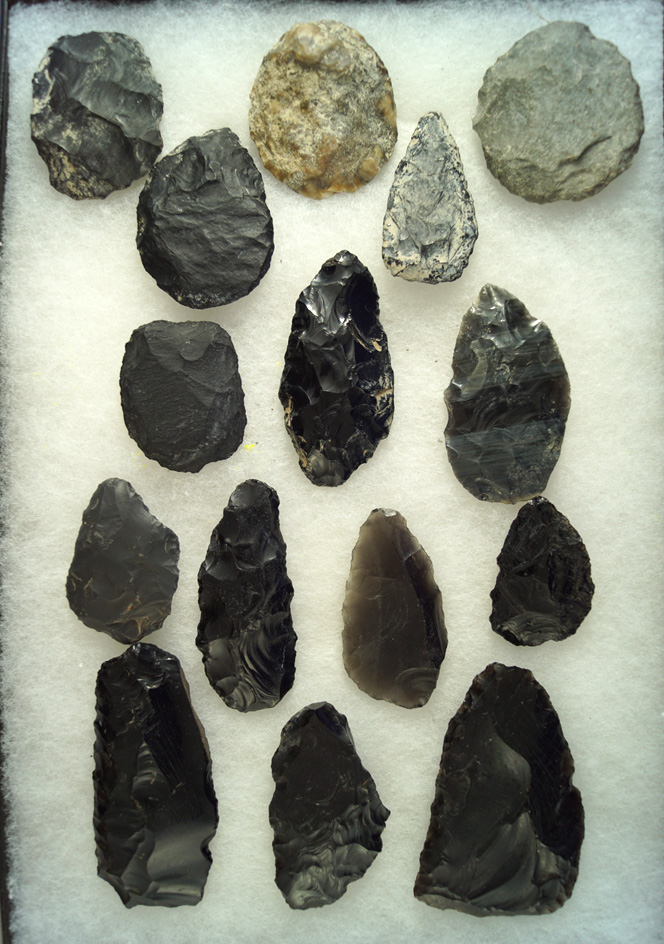 Set of 15 assorted Knives and Blanks, many made from Obsidian found in the western U.S.