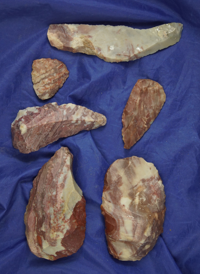 Colorado - Alibates! Nice set of six Paleo Uniface Knives and Scrapers -beautiful beefsteak Alibates