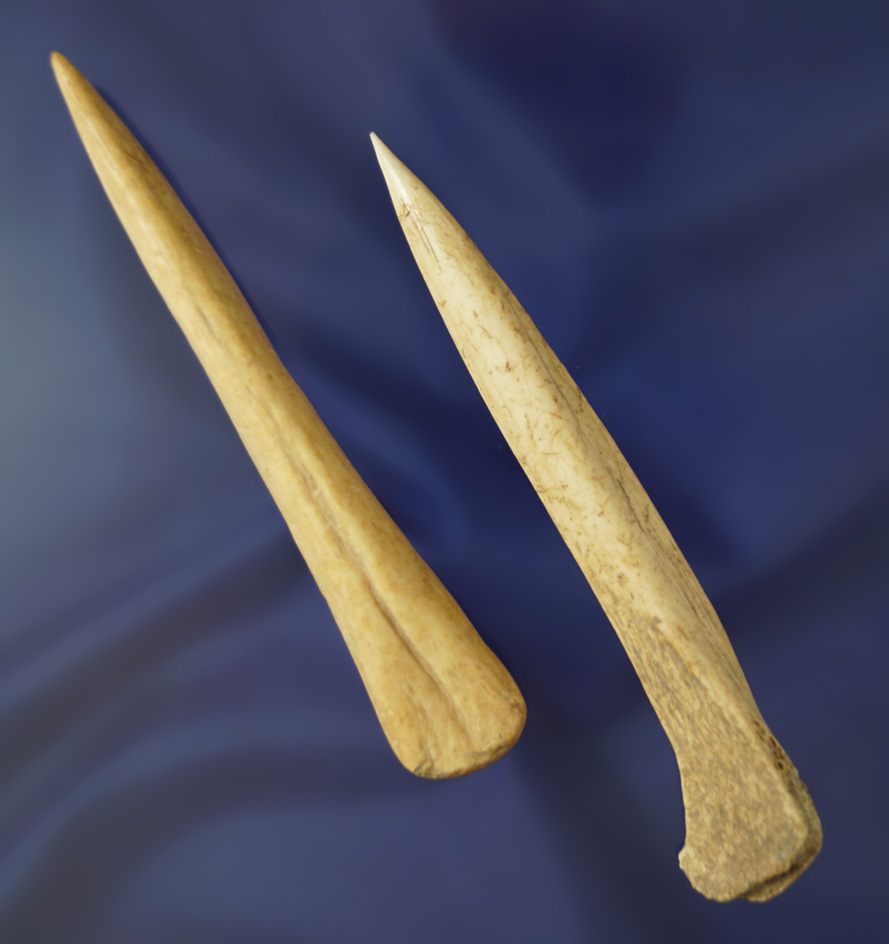 Pair of well patinated and nicely styled polished bone Awls, largest is 4".  Oregon.