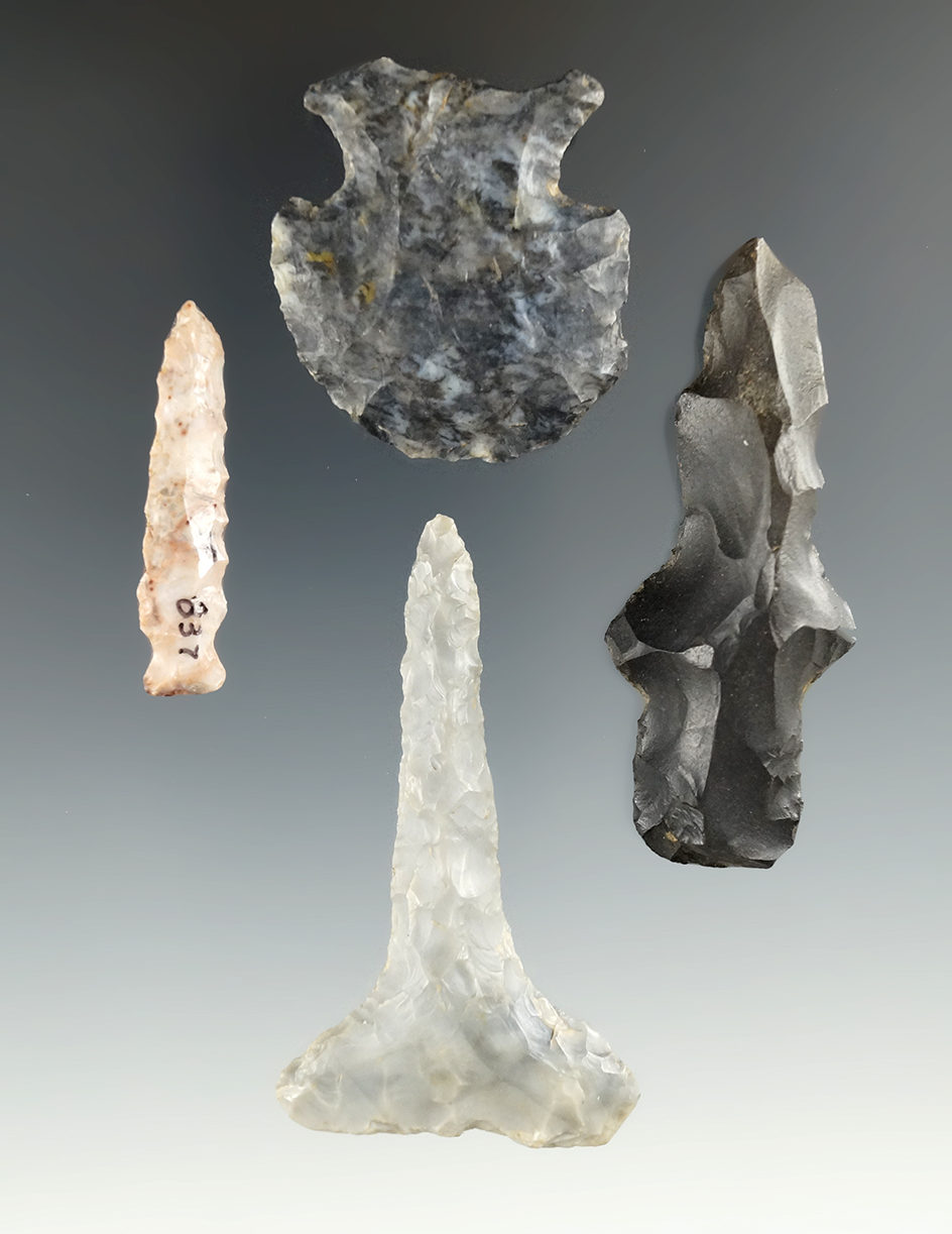 Set of four Flint tools including a 2 3/8" Flint Ridge Flint Drill.