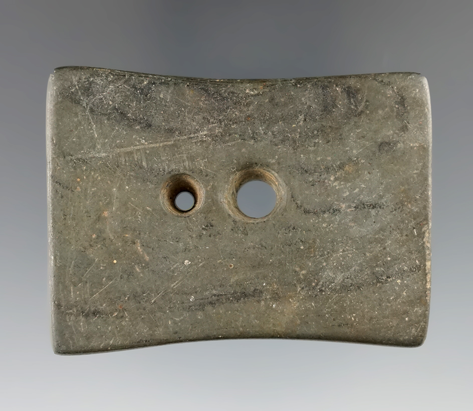 2 3/16" Miniature Bi-Concave Gorget made from banded Slate found in Michigan.