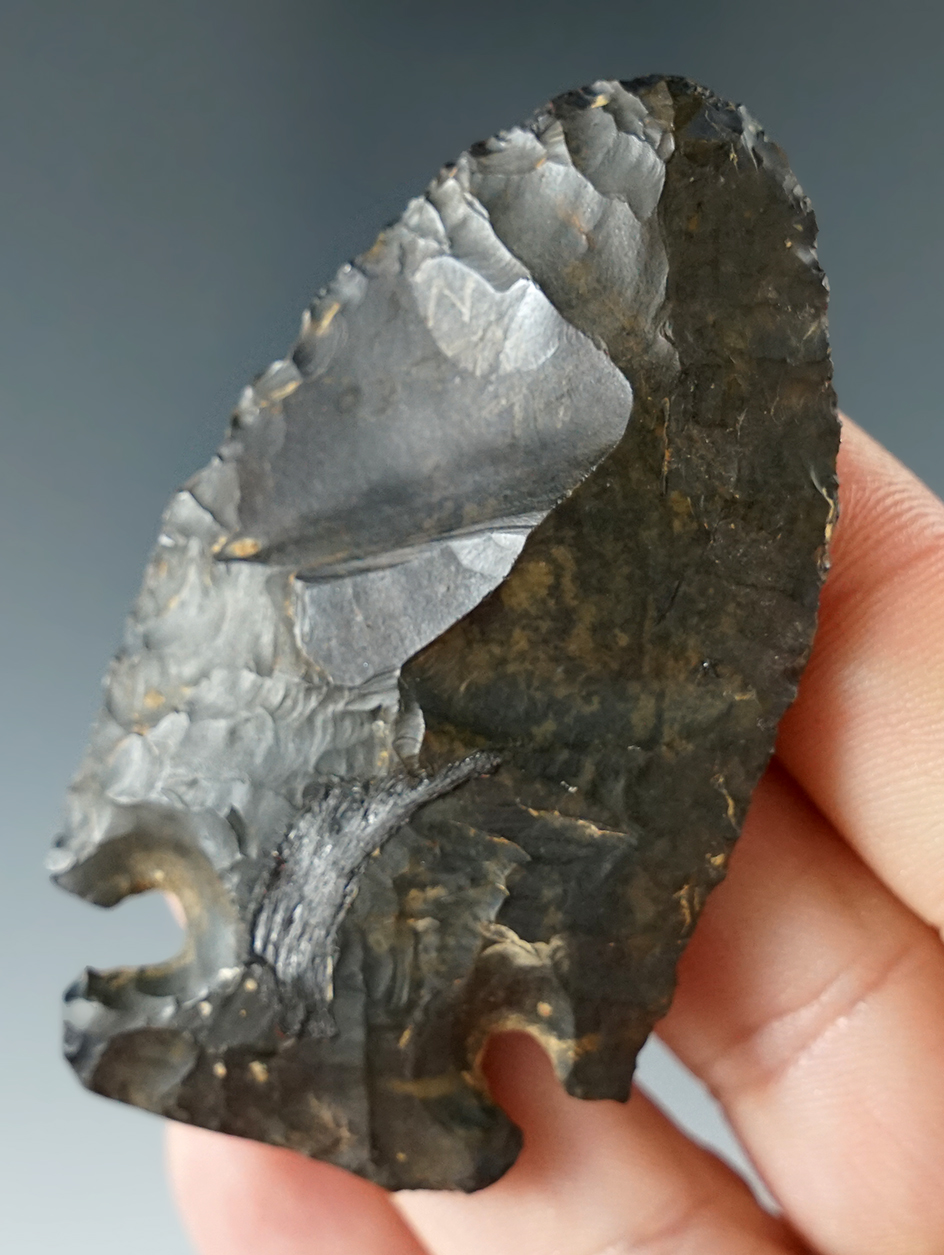 2 1/2" Archaic Cornernotch made from Onondaga Flint found in Allegheny Co., New York.