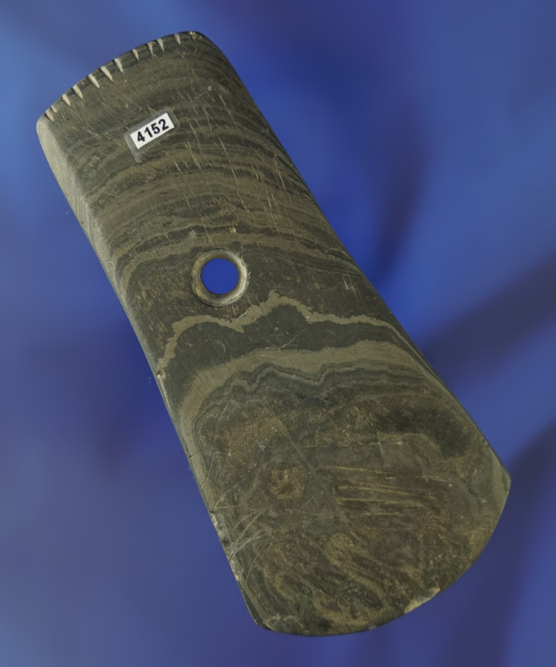 4 3/8" Adena Pendant- nicely Banded - Slate - 12 tallies. Found by Rex Carr, Miami Co., Ohio.