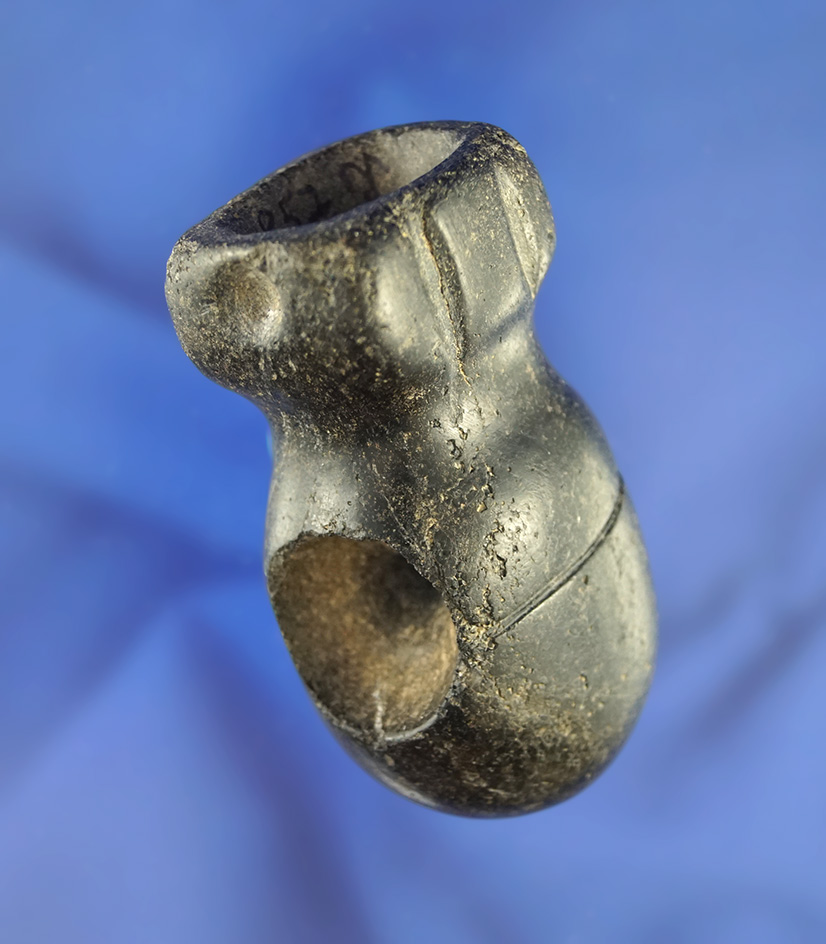 2 3/4" heavily patinated protohistoric (1500-1650) tallied steatite pipe found in Ontario, Canada