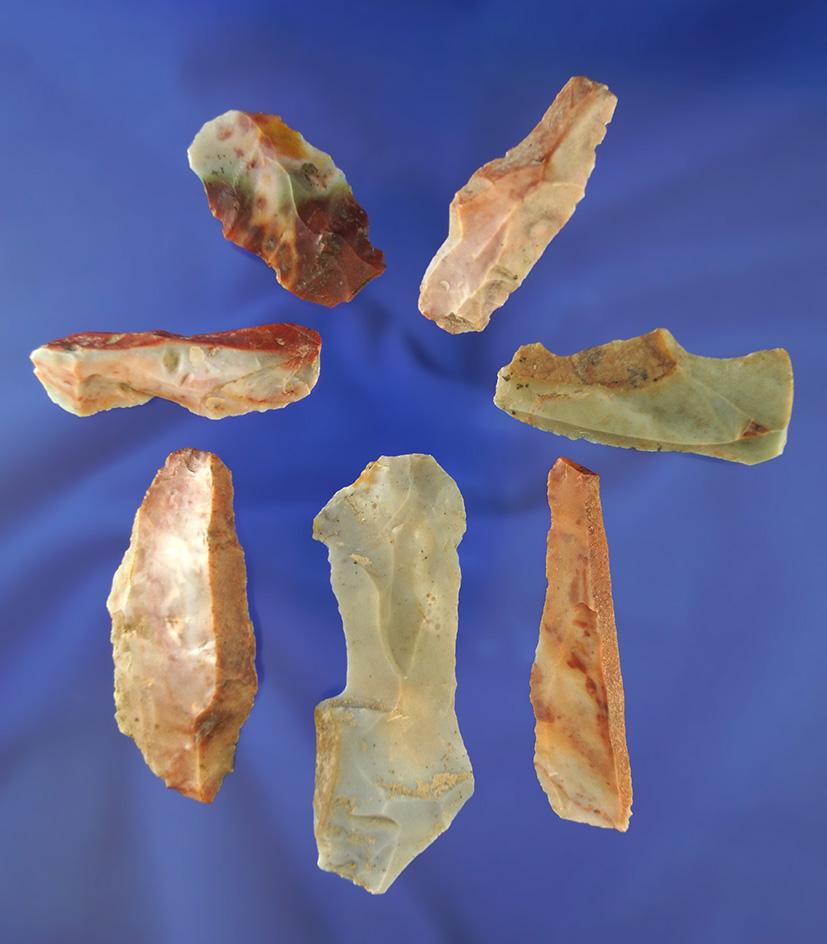 Set of seven Flint Ridge Flint Bladelets and flaked knives found in Licking Co.,  Ohio by Steve Olen