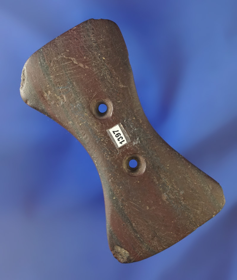 3 3/8" Red Banded Slate 2 Hole Bi-Concave Gorget found in Michigan.  Elleman.