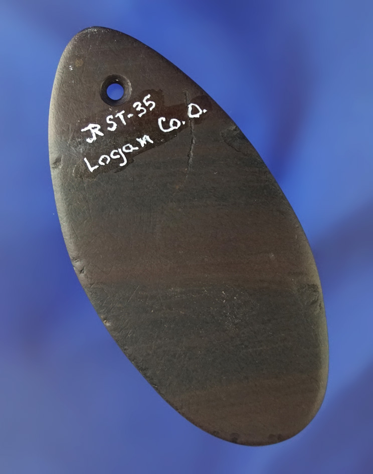 3 11/16" very fine and thin brown banded slate Pendant found in Logan Co.,  Ohio.