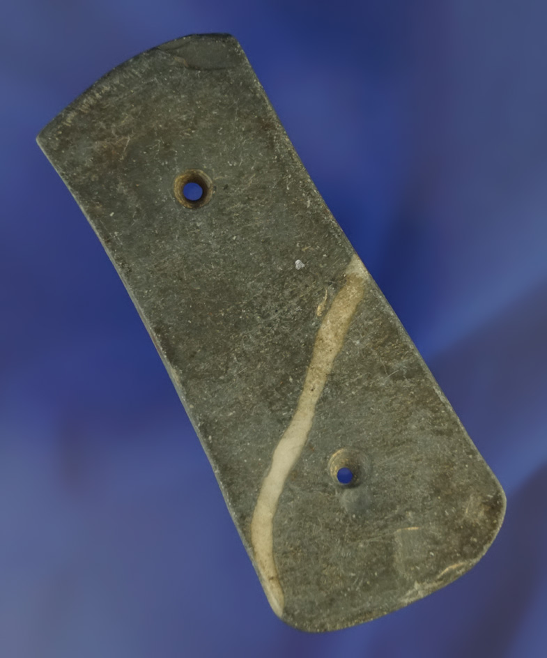 4" slate Gorget with a nice worm track found in Ohio. Ex. Jim Bennett collection.