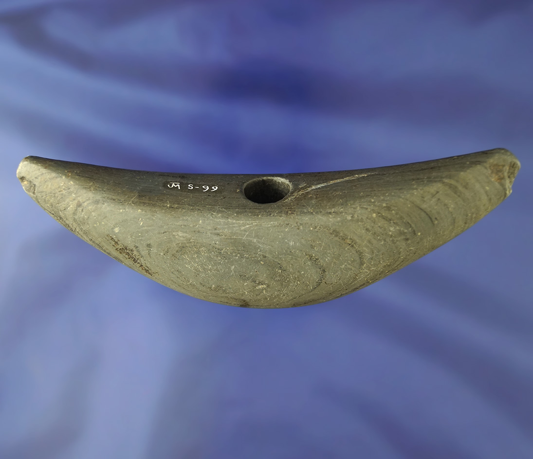 5 7/16" Crescent Bannerstone made from nicely banded glacial slate in excellent condition - Ohio.