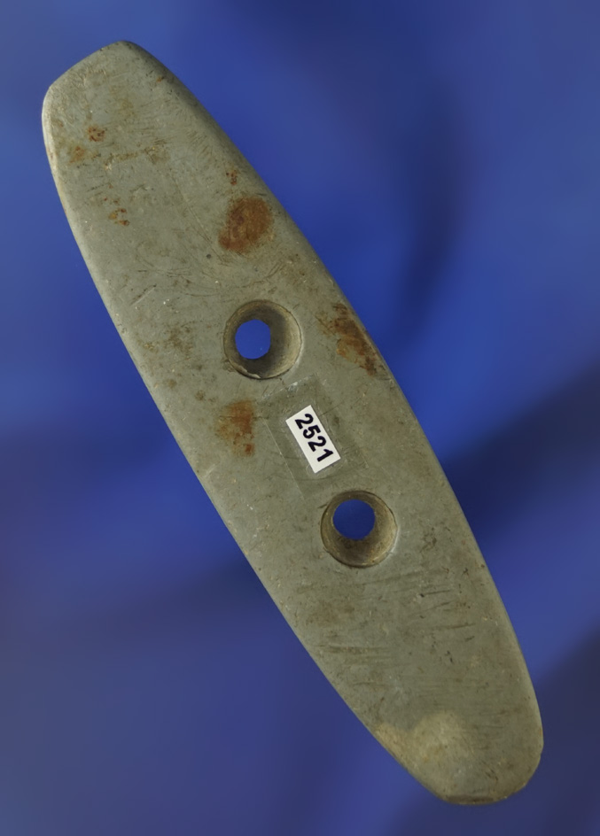 Uniquely Styled 4" Elliptical Bar Gorget found in Logan Co., Ohio. Elleman.