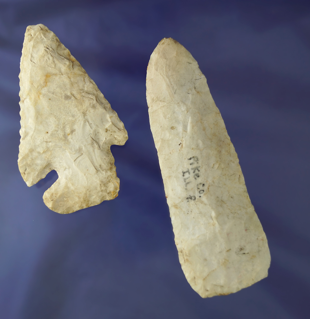 Pair of artifacts - Pike County Illinois including a 4 11/16" knife & 3 5/8" Thebes - very restorabl