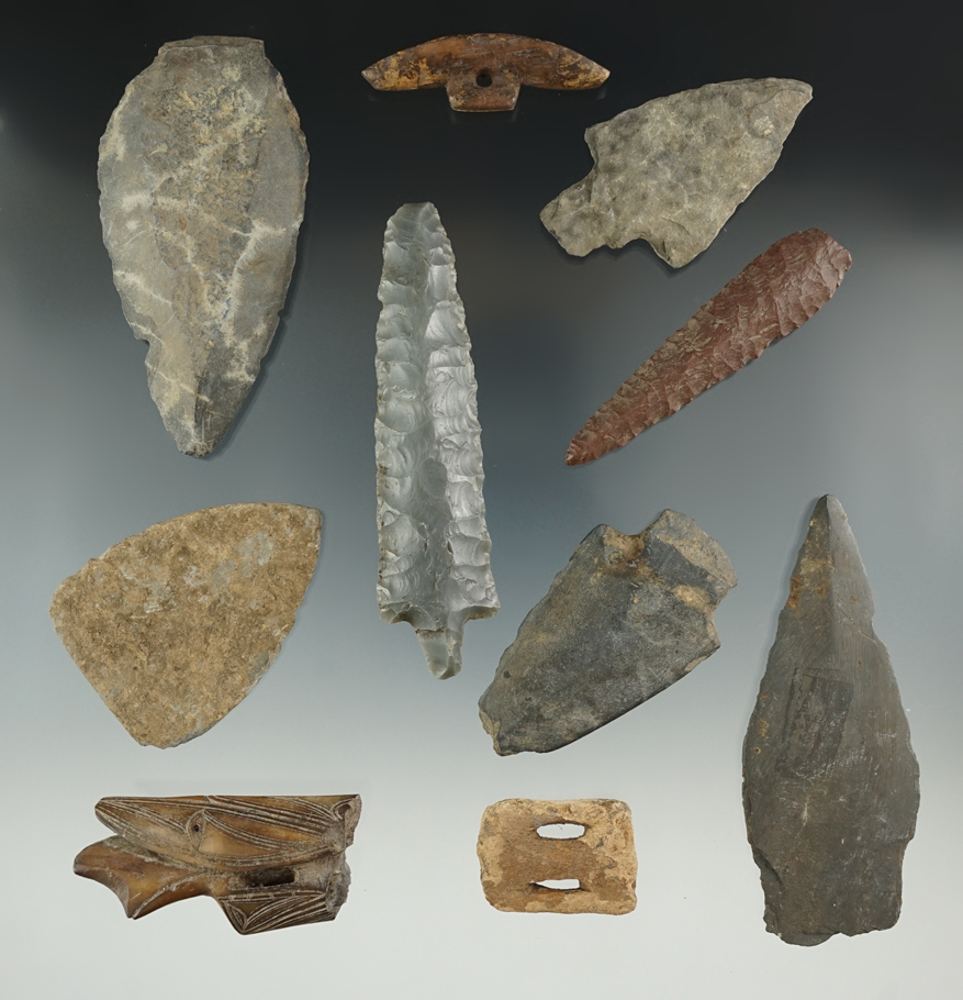 Group of 10 assorted bone, Slate and Flint Inuit artifacts found in Alaska. Largest is 3 1/2".