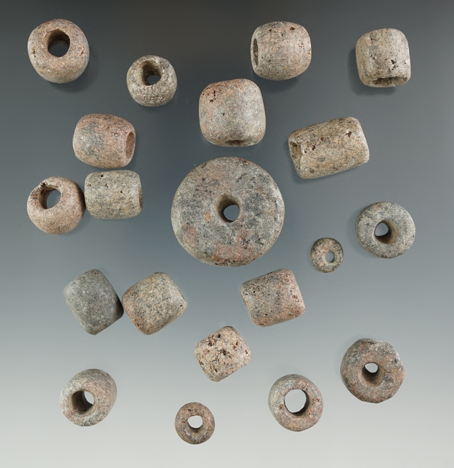 Set of 12 Steatite drilled beads found in Michigan, largest is 1 1/8" diameter.