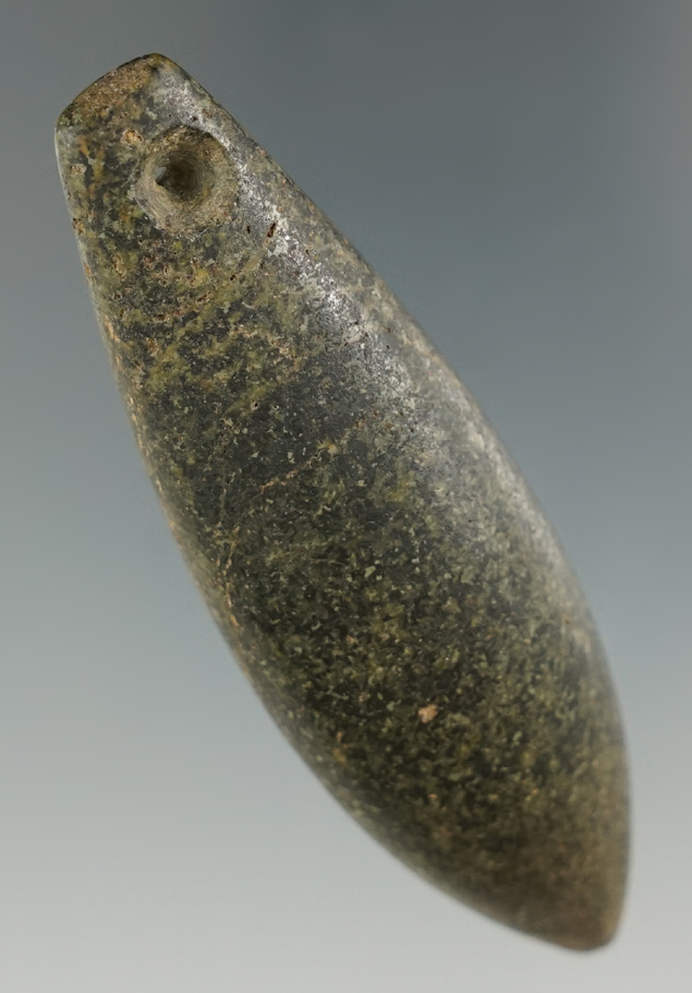 Beautifully made 3 1/8" Green and black Drilled Plummet found in the Cincinnati, Ohio area.