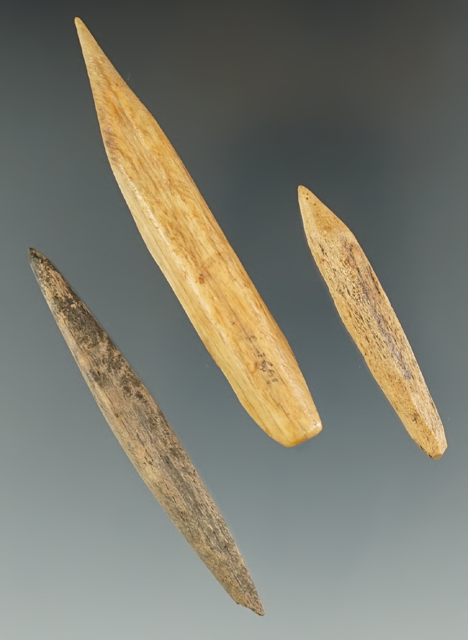Set of three Bone Projectile Points found in Kentucky. Largest is 3 1/8".