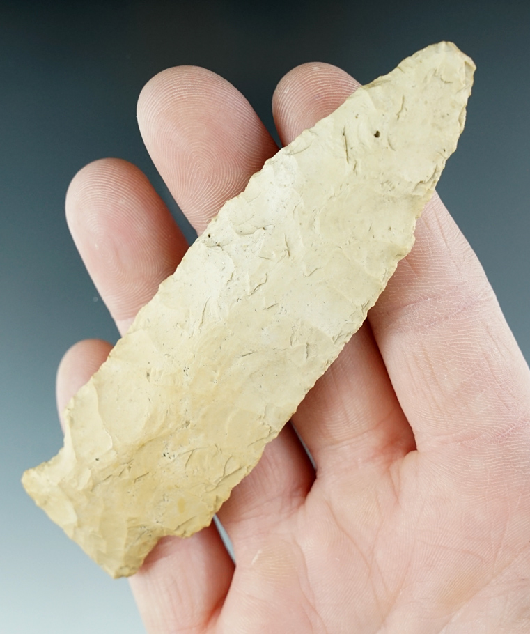 4 1/16" Etley knife found in Miller Co., Missouri, made from Burlington Chert. Motley COA.