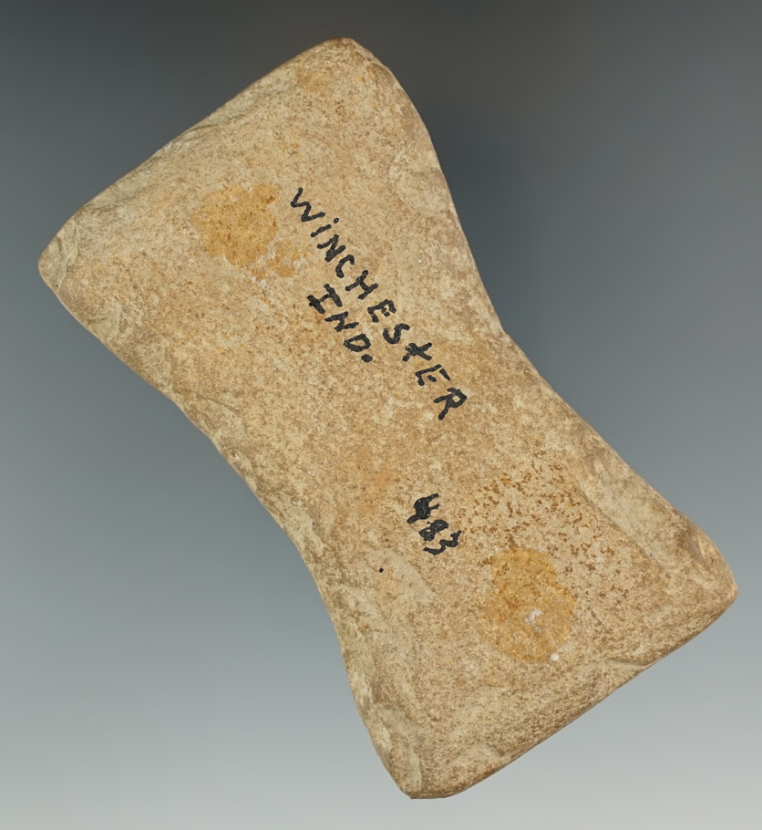 3 11/16" Biconcave Gorget preform found in Winchester, Indiana. Ex. Lewis Fuelling Collection.