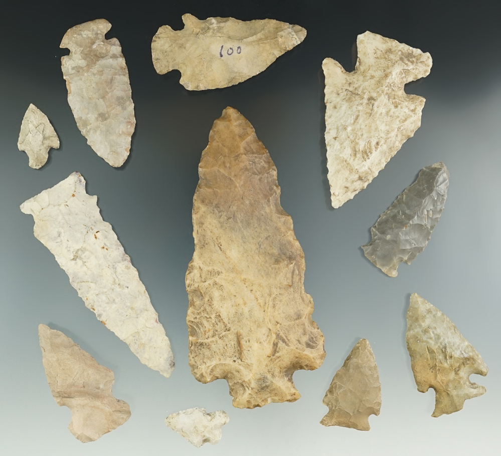 Group of 11 assorted points and knives found in Hillsdale Co., Michigan, largest is 4 7/16".