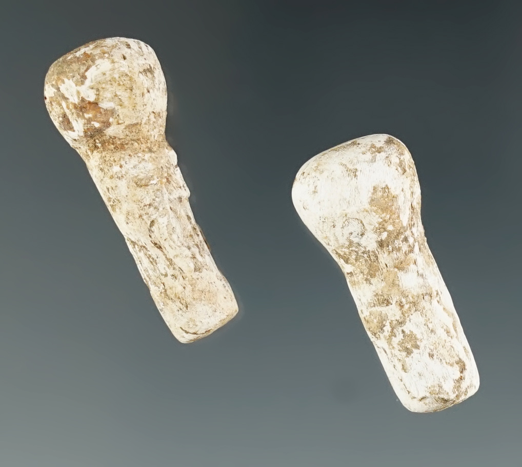 Pair of Knobbed Shell Ear Pins found in Florence, Alabama. Both around 1 1/8".