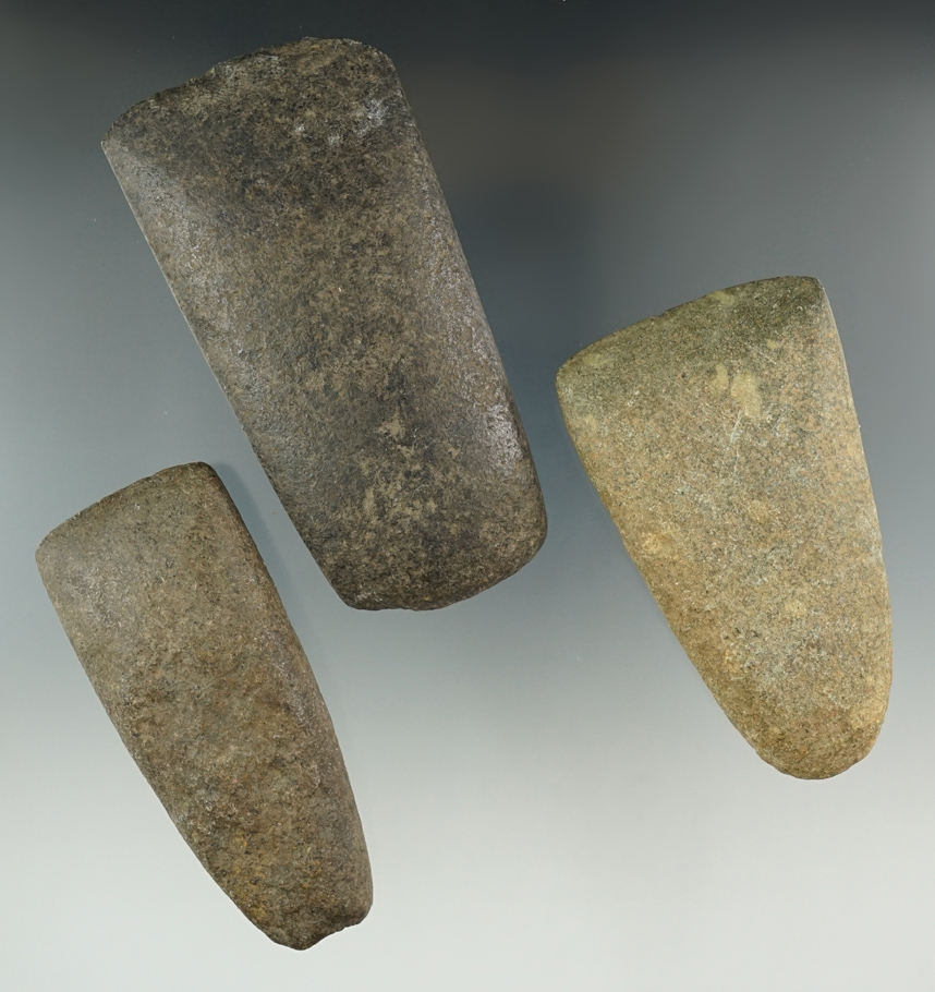 Set of three hardstone Celts and Adzes found in Lenawee Co., Michigan. Largest is 4".