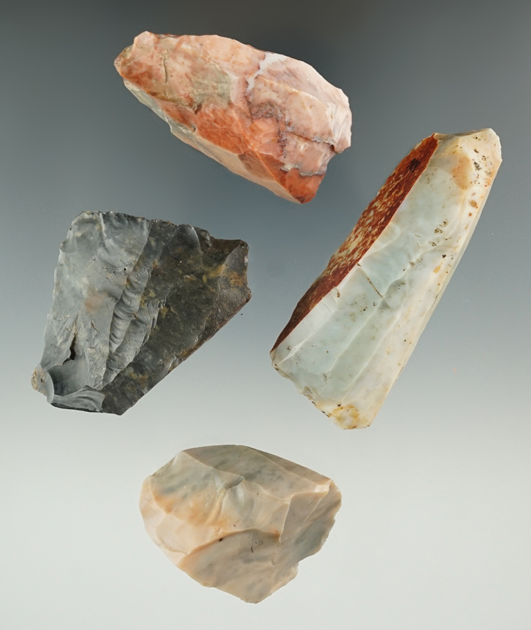 Set of four Flint Ridge Flint Hopewell cores, largest is 2 7/8".