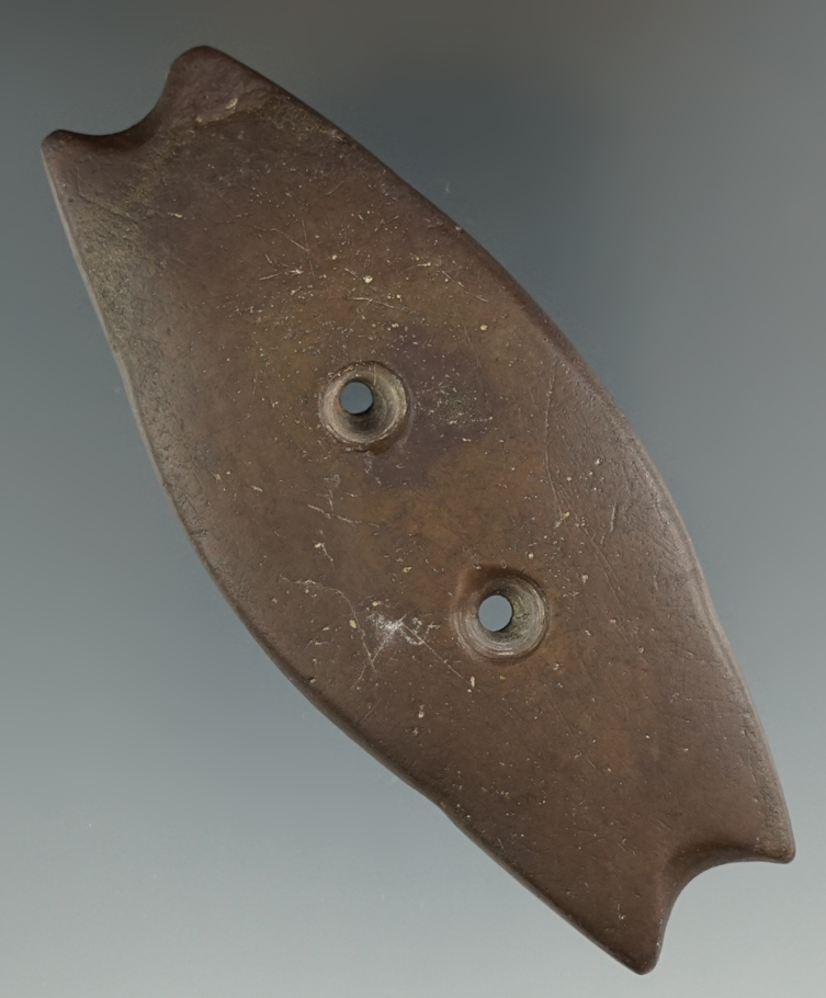 Rare 3 5/8" Red Slate Effigy Gorget with a very unique shape. Found in Livingston Co., Michigan.