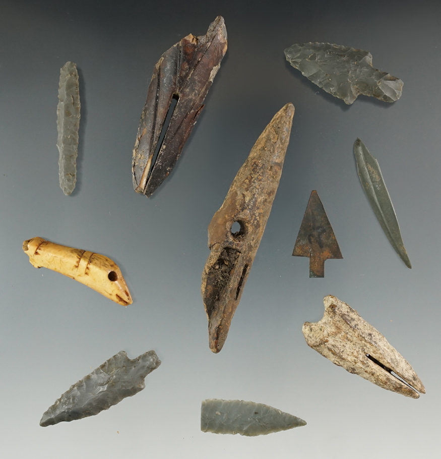 Set of 10 assorted Inuit artifacts found in Alaska, largest is 3 1/4".