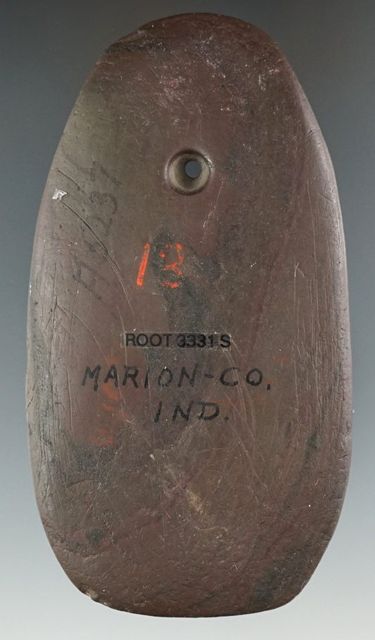 3 13/16" x 2 1/16" Ovate Pendant found in Marion Co., Indiana. Made from red and black Slate.