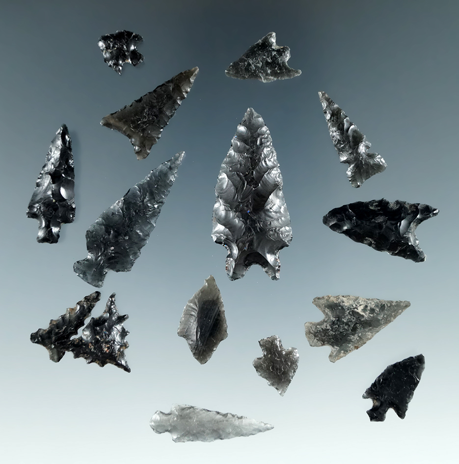 Group of 15 Obsidian points found in Northern California, largest is 1 1/2".