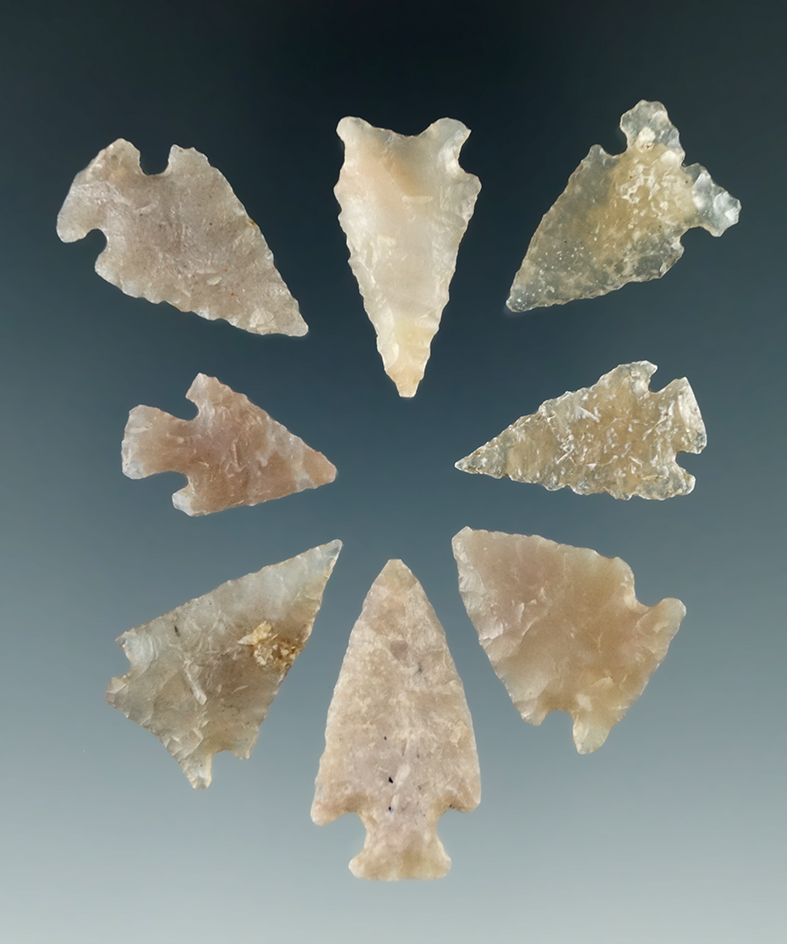 Set of 8 Colorado arrowheads made from nicely translucent materials, largest is 1 1/4".